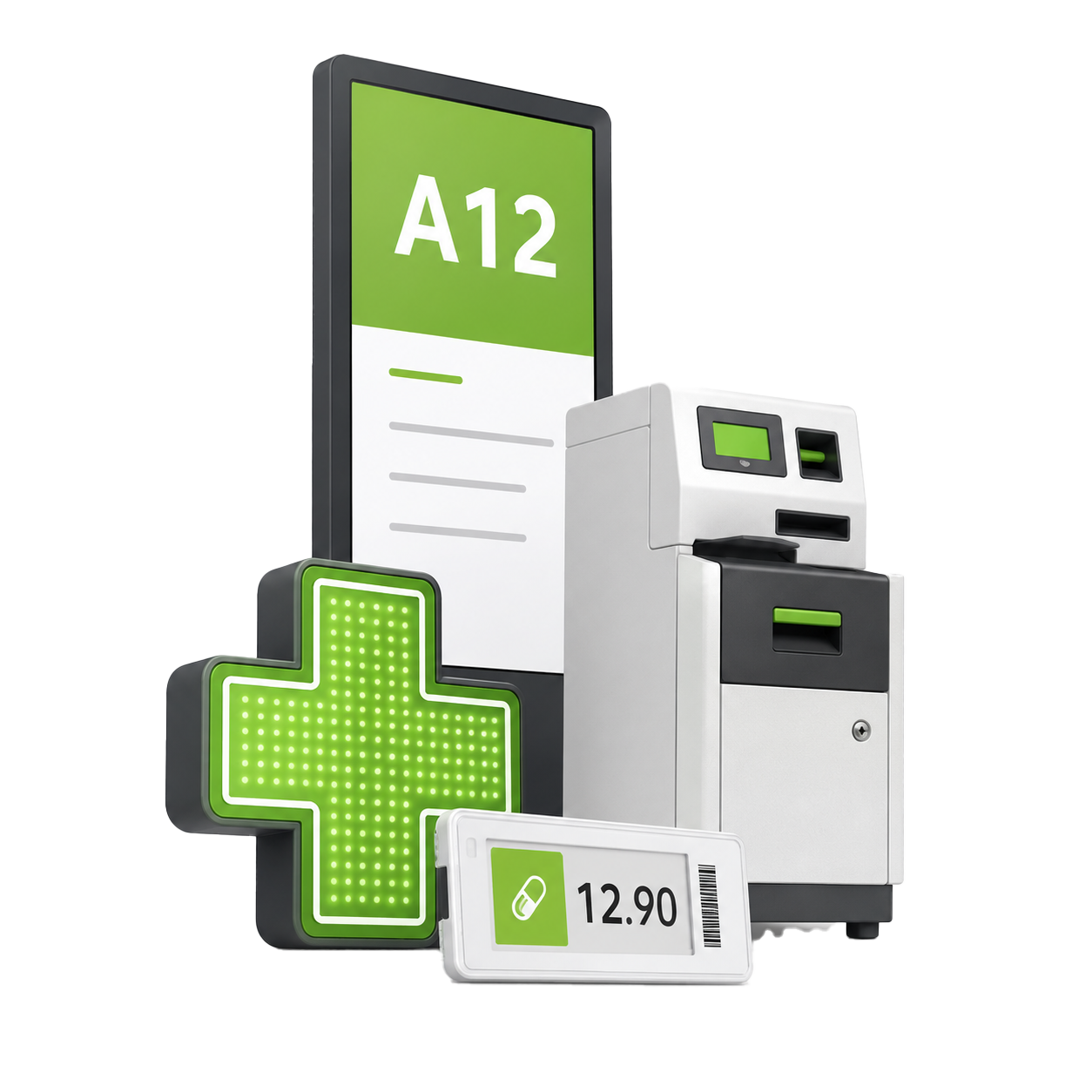 Equipamiento Unavide: señalización digital, etiquetas electrónicas, cruz de farmacia y gestión de efectivo